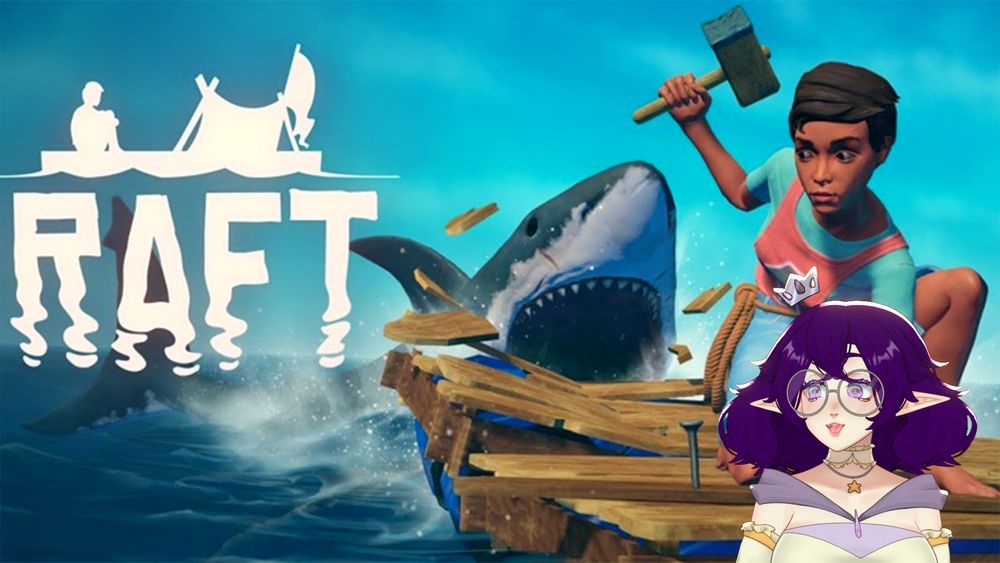 Ren in front of the cover for the game Raft