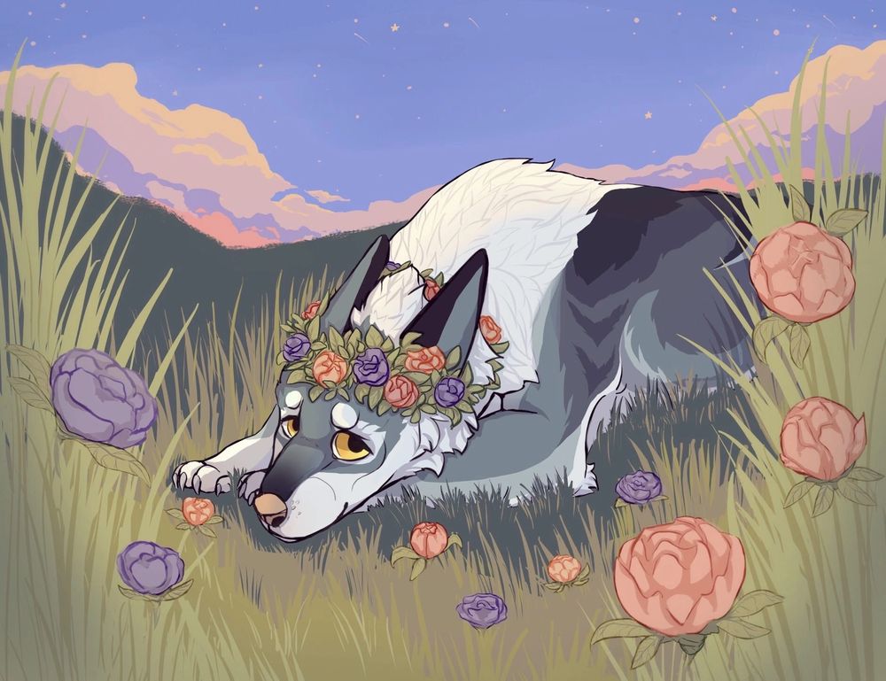 Art of a dog in flowers 