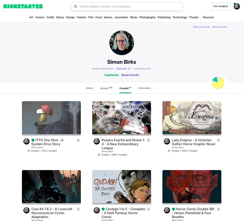 Kickstarter profile page of Simon Birks showing the recently created projects, and also showing he's a superbacker and backer favourite and has created 82 campaigns.