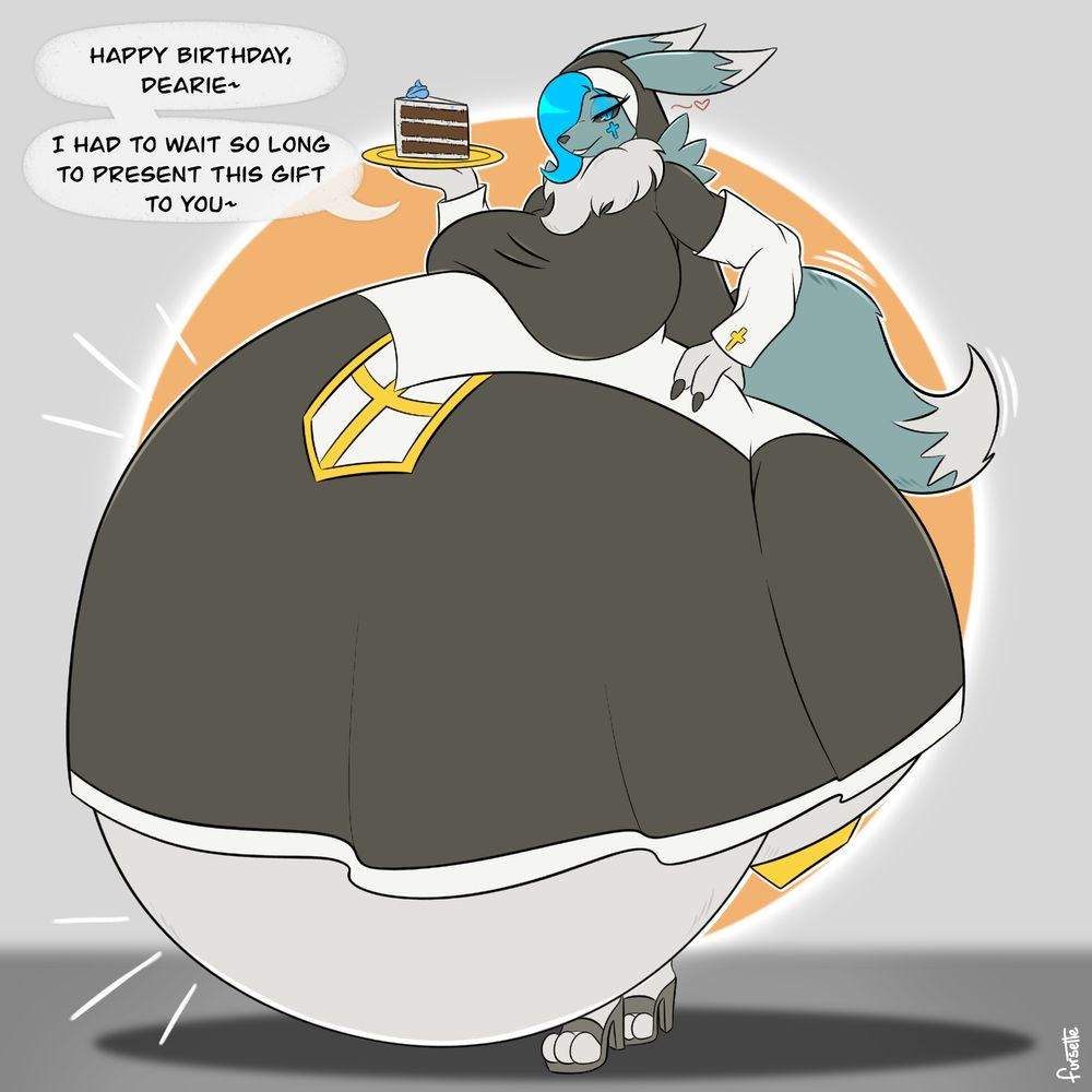 A very large renamon nun who's belly is inflated with an ass to match. She's holding out a piece of cake, saying "Happy birthday dearie~ I had to wait so long to present this gift to you~"