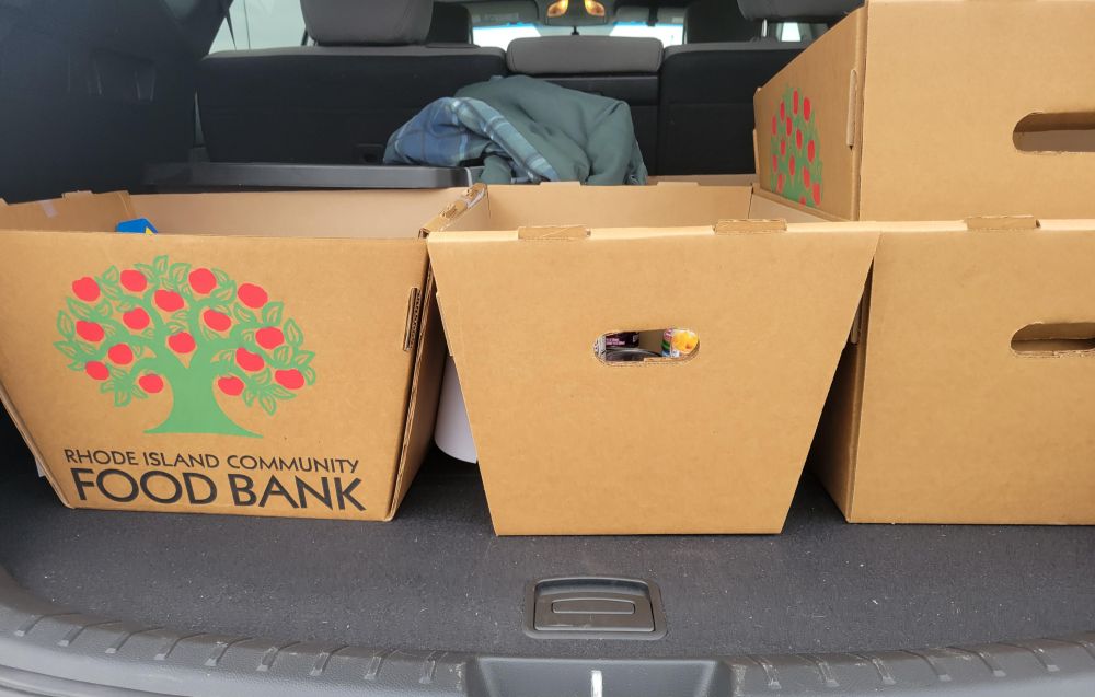 Bins of food donated to the local food bank