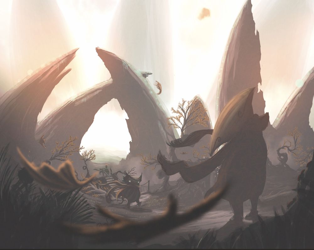 Windfolk are seen crossing a ramshackle bridge under the shadow of stoney protruberances, with an Earthenfolk looking past into the distance and the colossal stones formations that make for Ophoi's tail end