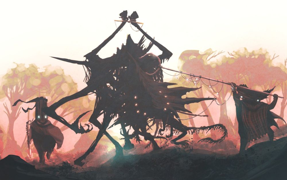 Image showing two Windfolk Kingsnatchers using their arsenal of tools to trap an ammonium-addled creature, who is likely to be a good candidate to sacralize into kingship