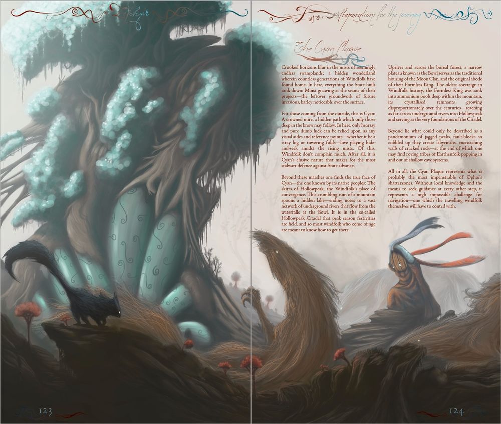 Zephyr interior spread where a Windfolk is seen offering a scarf to a fungal altar, surrounded by Wheatfiends
