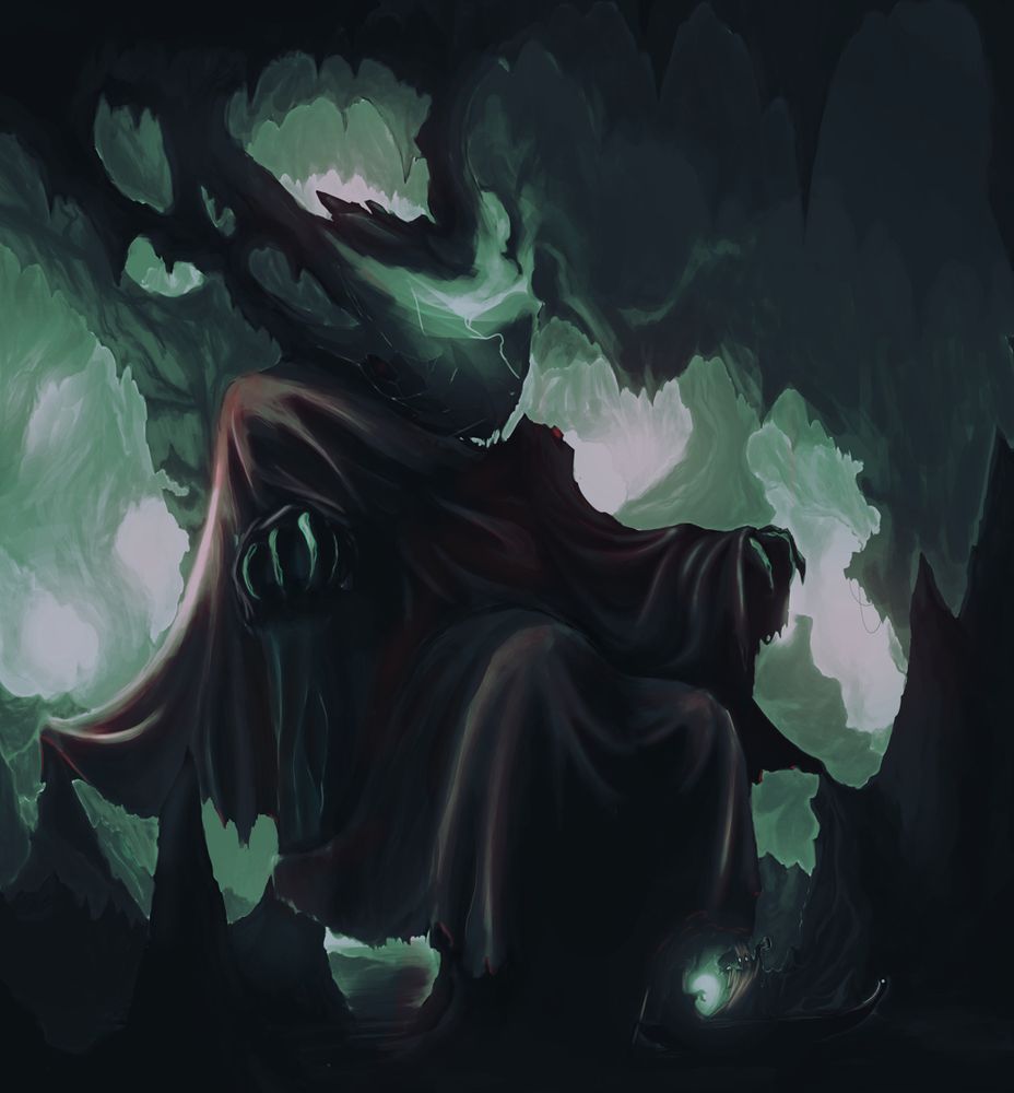 Image showing a boat and two Windfolk delving into the underground caves where an old King lies petrified - ready to carve their flesh to house a next generation of Windfolk