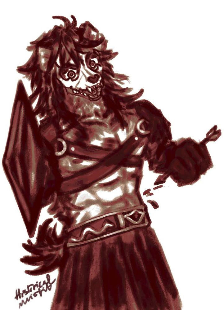 Rendered sketch of my gnoll player Yeet from his gladiator era. He’s wearing general gladiator clothes made of dark leather, a golden belt with snake motif and a red leather skirt. His red hair is long and disheveled, he’s wearing a gnoll skull as a mask, his frenzied glare is visible from underneath, similar to his open mouth. He’s holding a dark bladed greatsword towards the viewer while he’s pulling an arrow out of his side. He doesn’t seem to feel the pain that causes.