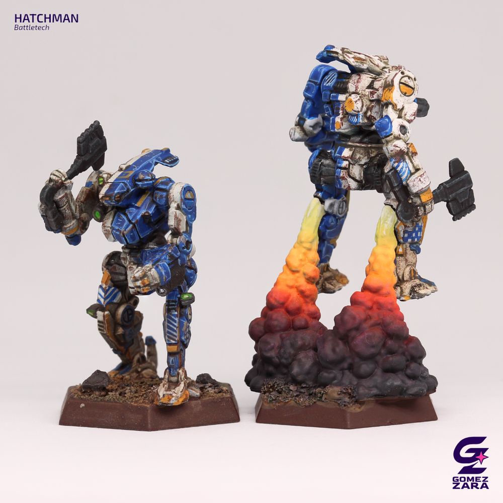 A detailed, painted pair of  Hatchetmans mech miniature from BattleTech, representing the Steiner faction in blue, white, and yellow. The mech stands in a dynamic pose, wielding its iconic battle axe with weathering effects and sharp highlights to emphasize its intimidating presence. Also another one using his jump thrusters 