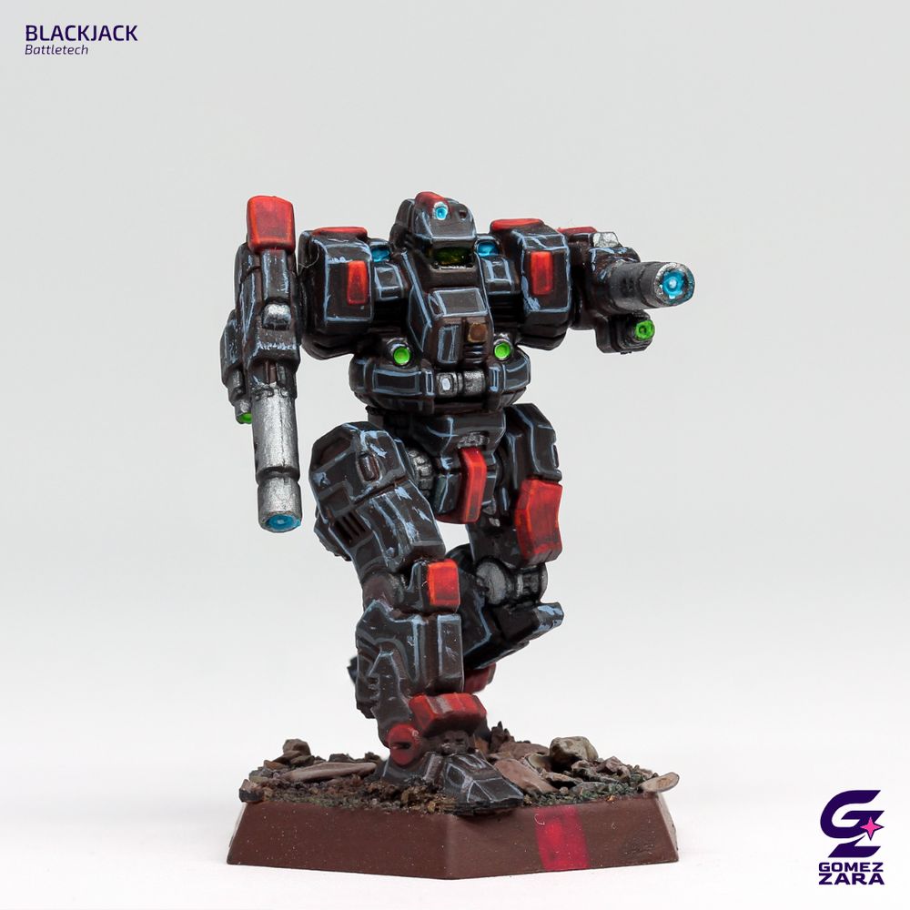 A detailed painted Blackjack mech from BattleTech, representing the Widowmaker Clan with intense black and red tones. The miniature is part of a larger Clan Widowmaker band, showcasing striking highlights, weathering effects, and a dynamic pose that reflects the faction’s ruthless character.