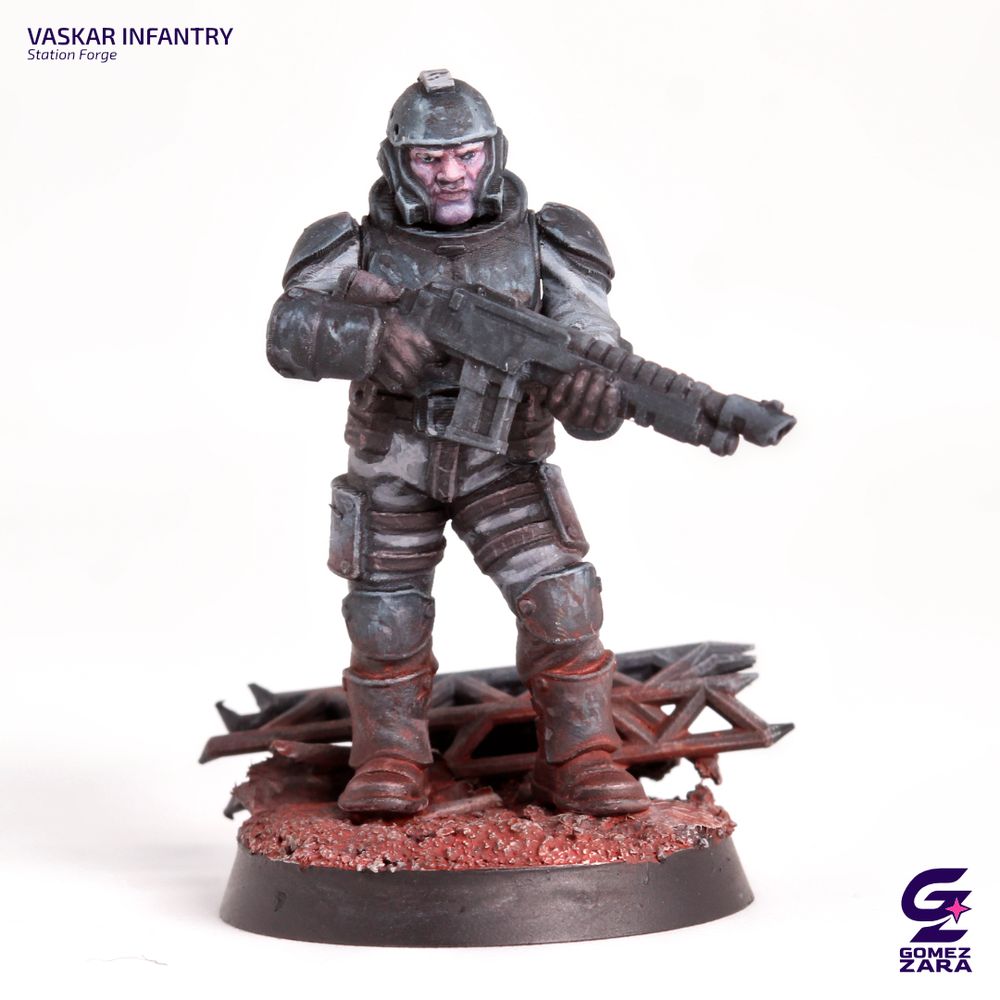A highly detailed painted miniature of Vaskar Infantry by Station Forge, featuring a gritty fantasy soldier holding a rifle. The figure is set against a red-soil base with desaturated tones, creating a dystopian and earthy atmosphere.

