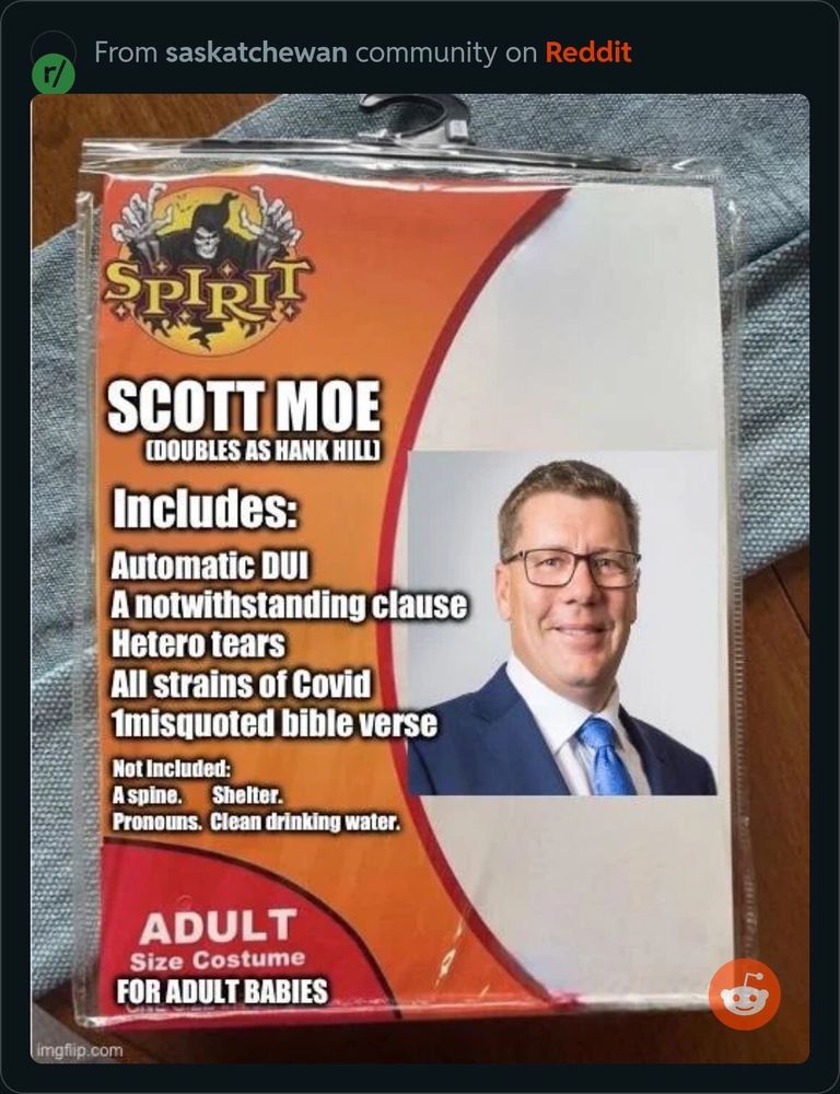 A “Spirit of Halloween” costume in a bag picturing Scott Moe, Premier of Saskatchewan. Text on the bag says “Scott Moe (Doubles as Hank Hill) Includes: Authentic DUI; a Notwithstanding Clause; Hetero Tears; All strains of COVID; 1 misquoted Bible verse. Not included: a spine; shelter; pronouns; clean drinking water. Adult size costume for adult babies.”