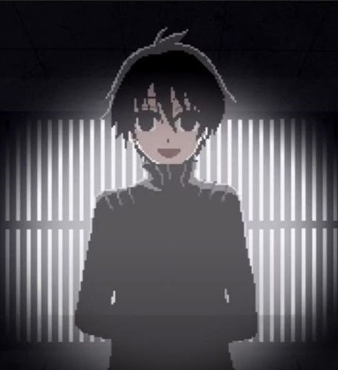 tsugino haru from zeno. he is standing center in a low lit room with a spotlight on him with his arms behind his back and has an empty eyed smile. 