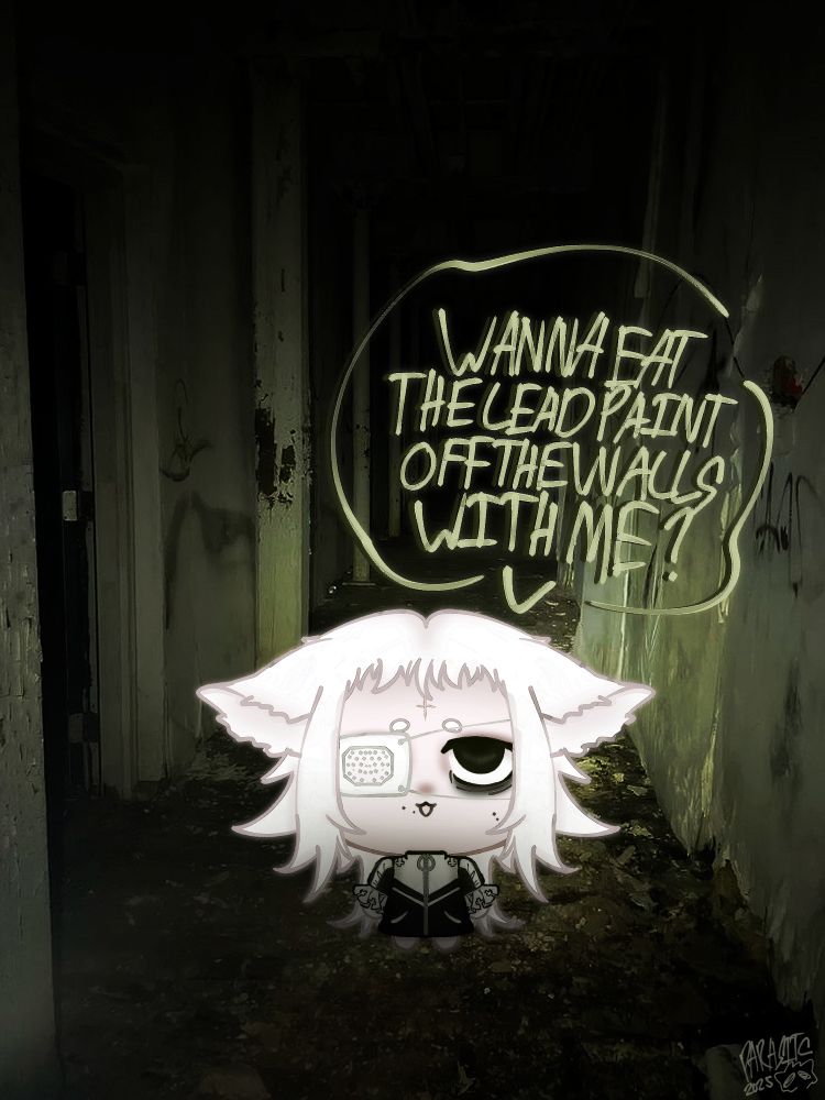 chibi white haired cat boy in a dark abandoned hallway asking “Wanna eat the lead paint off the walls with me?”