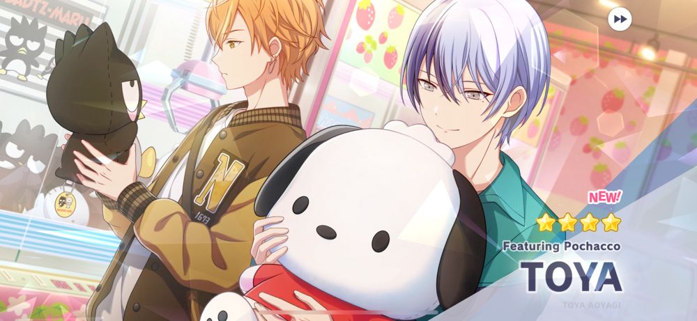 Screenshot of a gatcha pull in the game Project Sekai. The card art displayed is of the character Toya Aoyagi in an arcade with claw machines holding a large pochaco plushie (black and white chibi cartoon dog) smiling down softly at the plush. Another boy can be seen off to his right holding a Bad Badtz-Mary plush (cartoon penguin plush) looking at it with a neutral expression. 