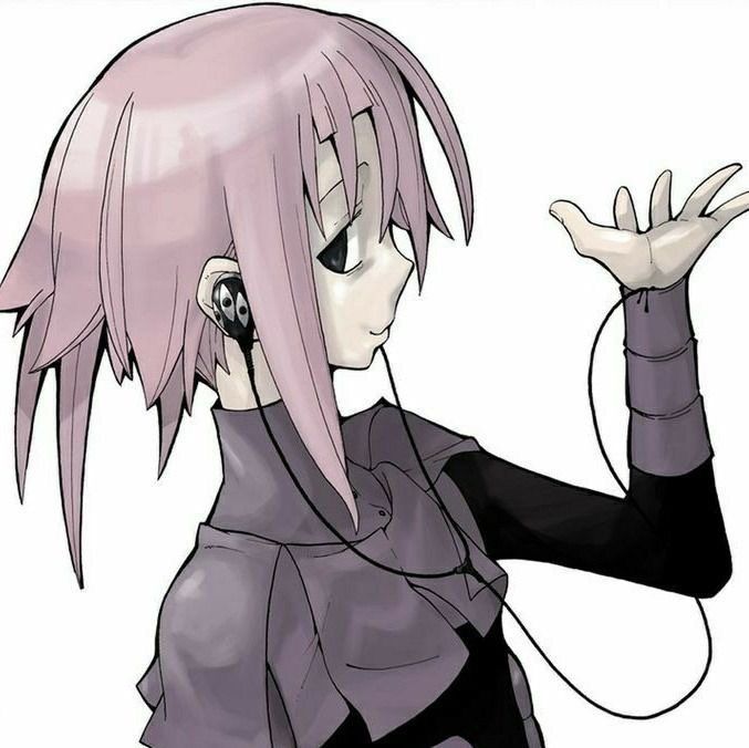 crona gorgon, they are posed showing their side profile looking towards the viewer with a slight smile with their hand raised showing where their ear buds attach to their arm. 