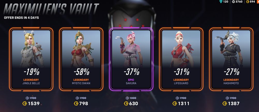 screenshot of maximilien's vault in overwatch. showcases varying skins of mercy and kiriko. 