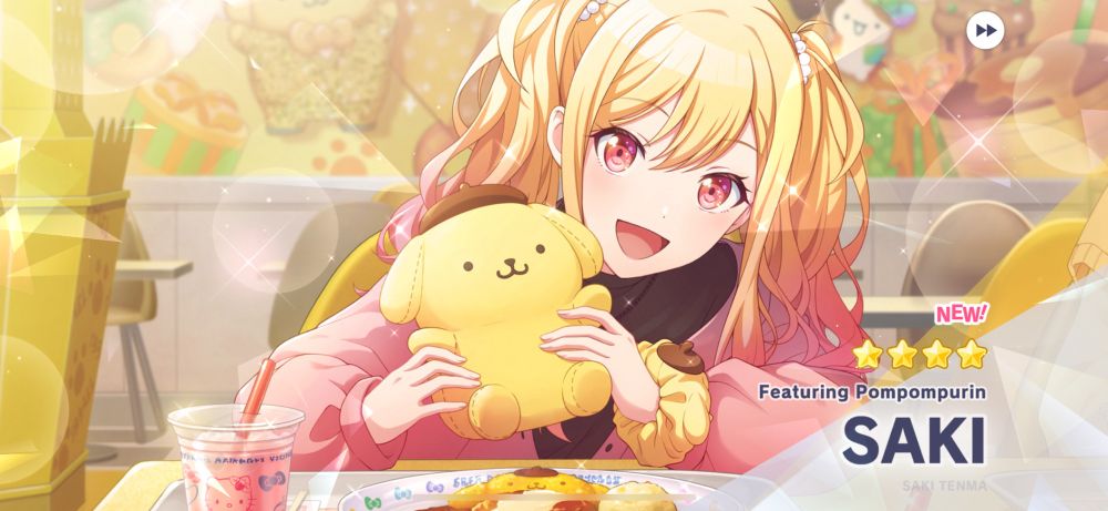 Screenshot of a gatcha pull in the game Project Sekai. The card art displayed is of the character Saki Tenma sat at a cafe table holding a pompompurin plush(a yellow chibi dog with a brown beret) and smiling happily at the camera. The cafe is brightly lit with lots of yellow accents. 
