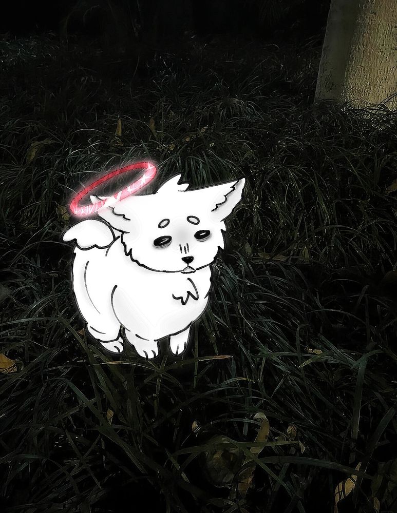 drawing of a white cat pouting in long grass. the cat has a halo of raw meat and a little angel wing.