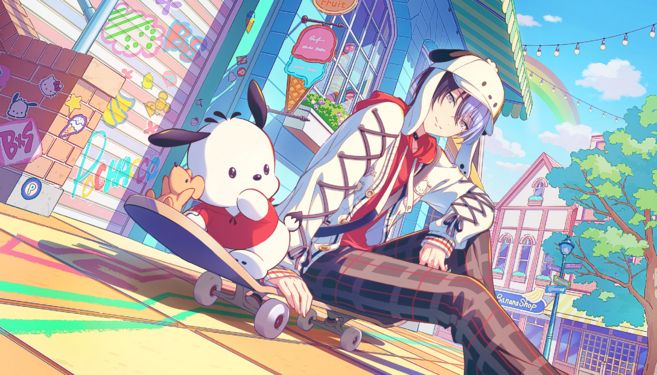 card art of the character Toya Aoyagi from Project Sekai. It is brightly colored pop art style card with toya sat on a skate board in a relaxed pose smiling down at the character pochacco who is also poised on the skateboard.