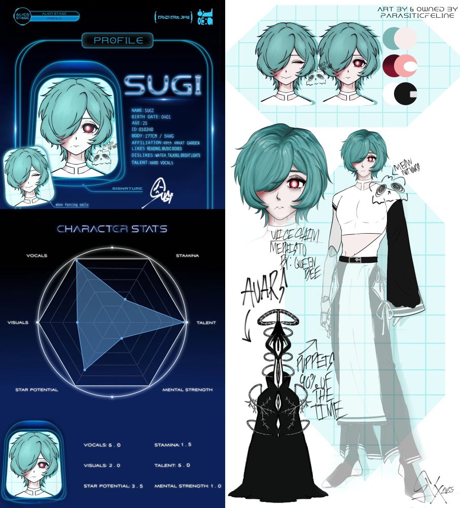 work in progress of a character reference. it is a man with short teal hair covering one eye, the other being red with a glowing white pupil, that is severely scarred. he is wearing a flowy black and white outfit.