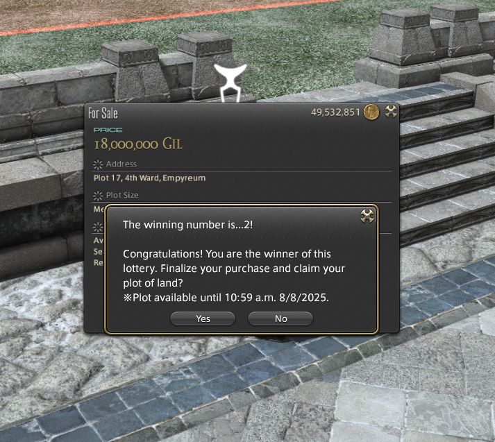 Screenshot from Final Fantasy XIV, showing me winning the bid for a medium housing plot :D