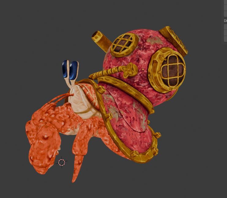 Copperpinch with base textures, the hermit crab portion is orange and beige with a rough carapace, while its shell, a weathered diving helmet, is a rusty red with gold trim