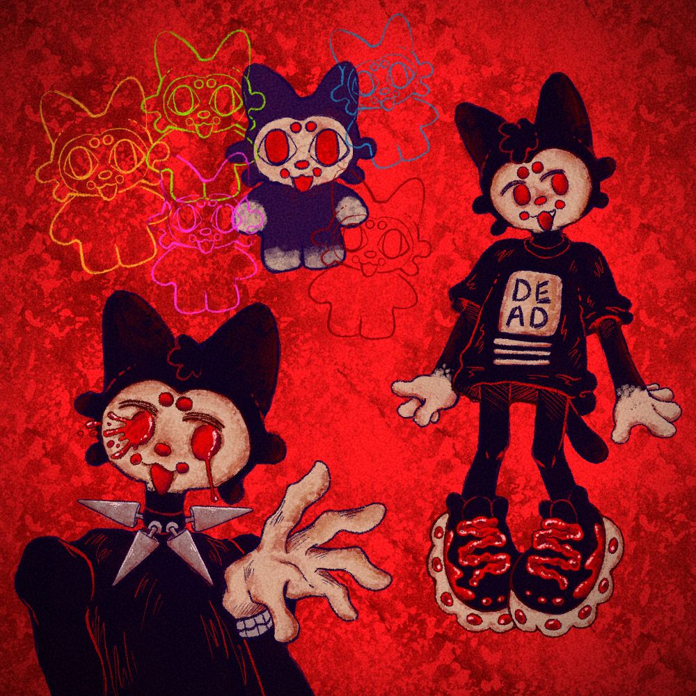 Digital art illustration of a black cat with a white face, red eyes, red cheeks and a red smile. His name is ALT. He is wearing a black shirt that reads DEAD on top of a white panel and with white stripes beneath the text. He is wearing platform shoes with goopy gutsy looking laces. A bust shot of him features him wearing a large spiked choker, and one of his eyes is dripping and exploding goop. The upper left features doodles of him in a gummy bear shape with different colors of lineart. 