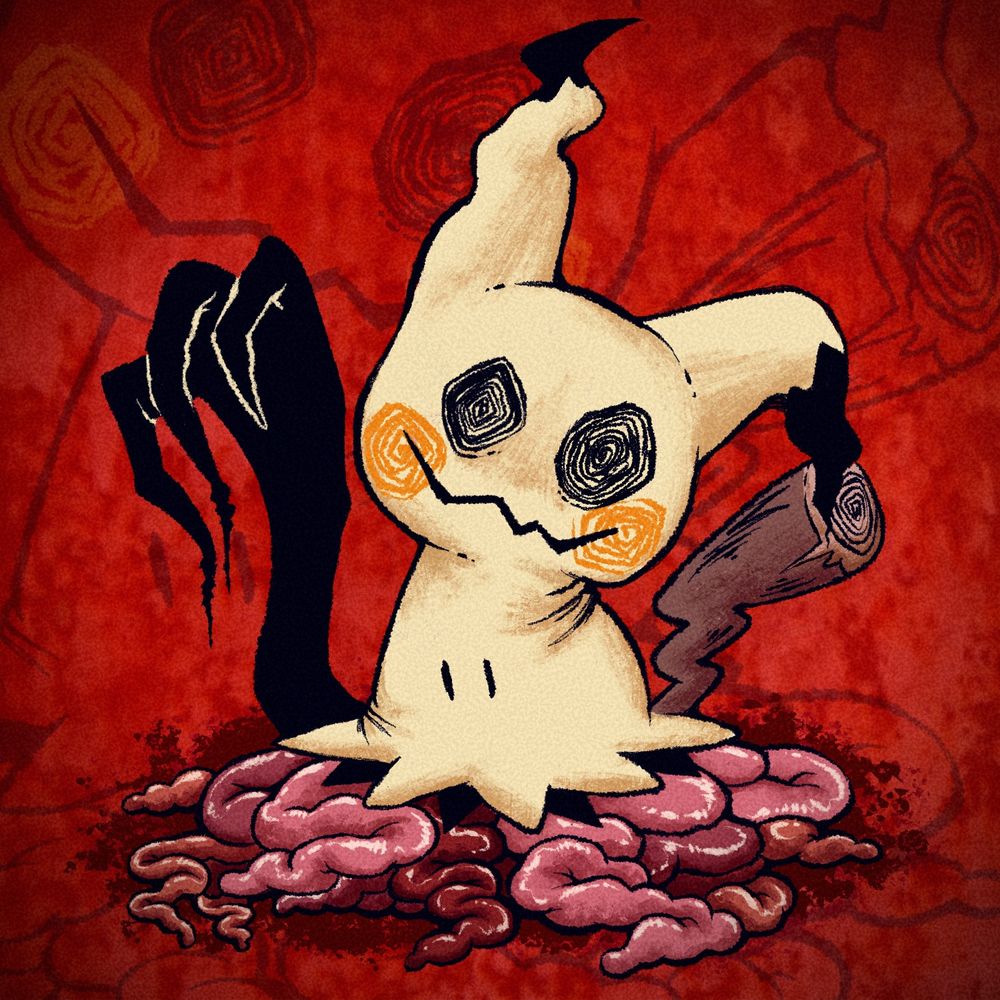 Digital fan art illustration of the pokemon named Mimikyu. They are a pale yellow ghost wearing a costume with long floppy ears and their eyes and cheeks are shaped like spirals. They have a long black shadowy hand emerging from underneath them along with several guts and organs. The background is a bright red with subtle vignette. 