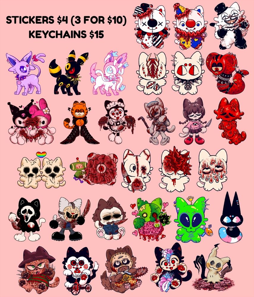 Several illustrations of creepy critters featuring body horror and alternative fashion. Text reads Stickers $4 (3 for $10), Keychains $15 