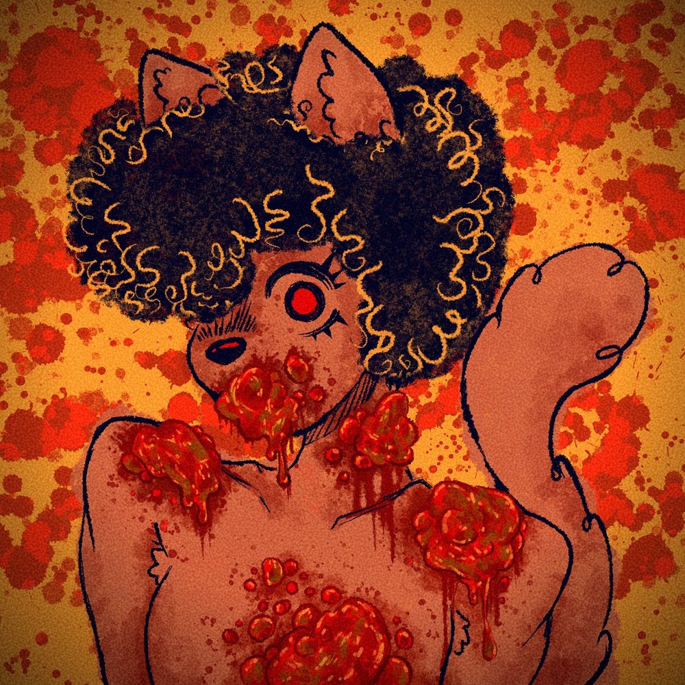 Digital illustration of a brown cat with afro textured black hair. They have red eyes, and large dripping gross fleshy red boils covering their mouth, neck, shoulders, and chest. Background is yellow with blood splatters. 