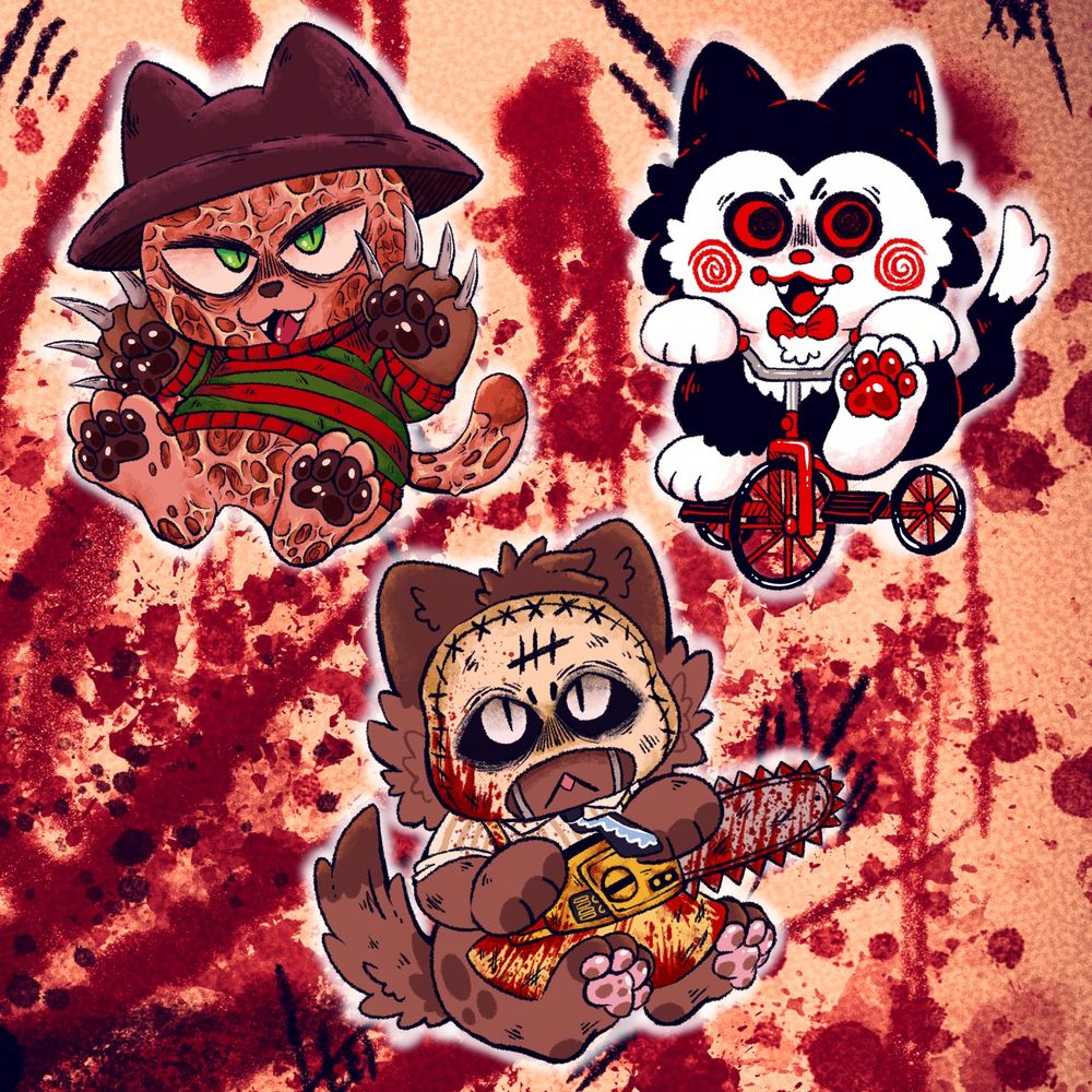 Digital art illustration of three cats that represent characters from horror slasher movies. They are Freddy Krueger (Nightmare on Elm Street), Billie the Puppet (Saw) and Leatherface (The Texas Chainsaw Massacre). 