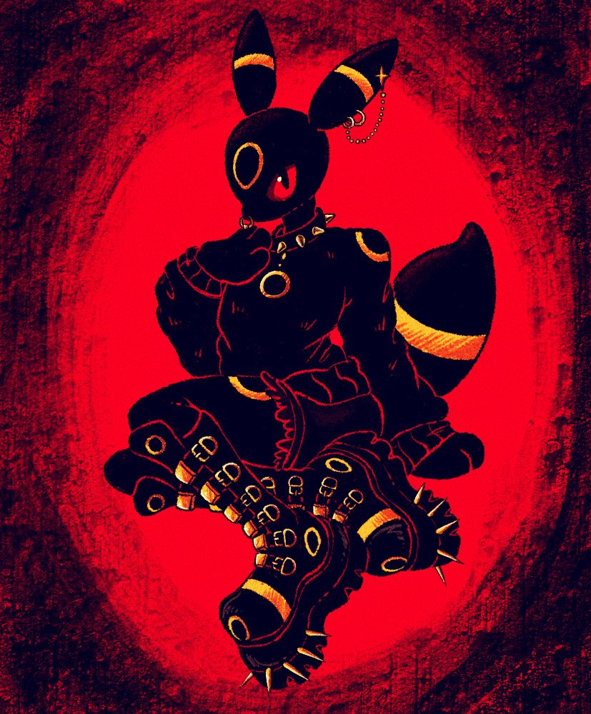 Digital art illustration of the pokemon named Umbreon. They are black with several golden color accents. They are wearing a black sweater with large knee high platform boots. The buckles and spikes on the boots are gold. They are wearing black jean shorts and a spiked choker with gold spikes. 
