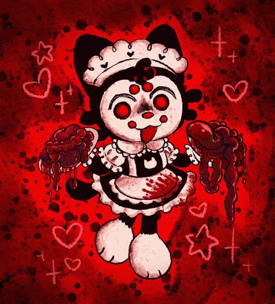 Digital art illustration of a black cat with a white face and white paws. He is dressed in a maid outfit with blood splatters. He is holding two plates willing with bleeding organs. 