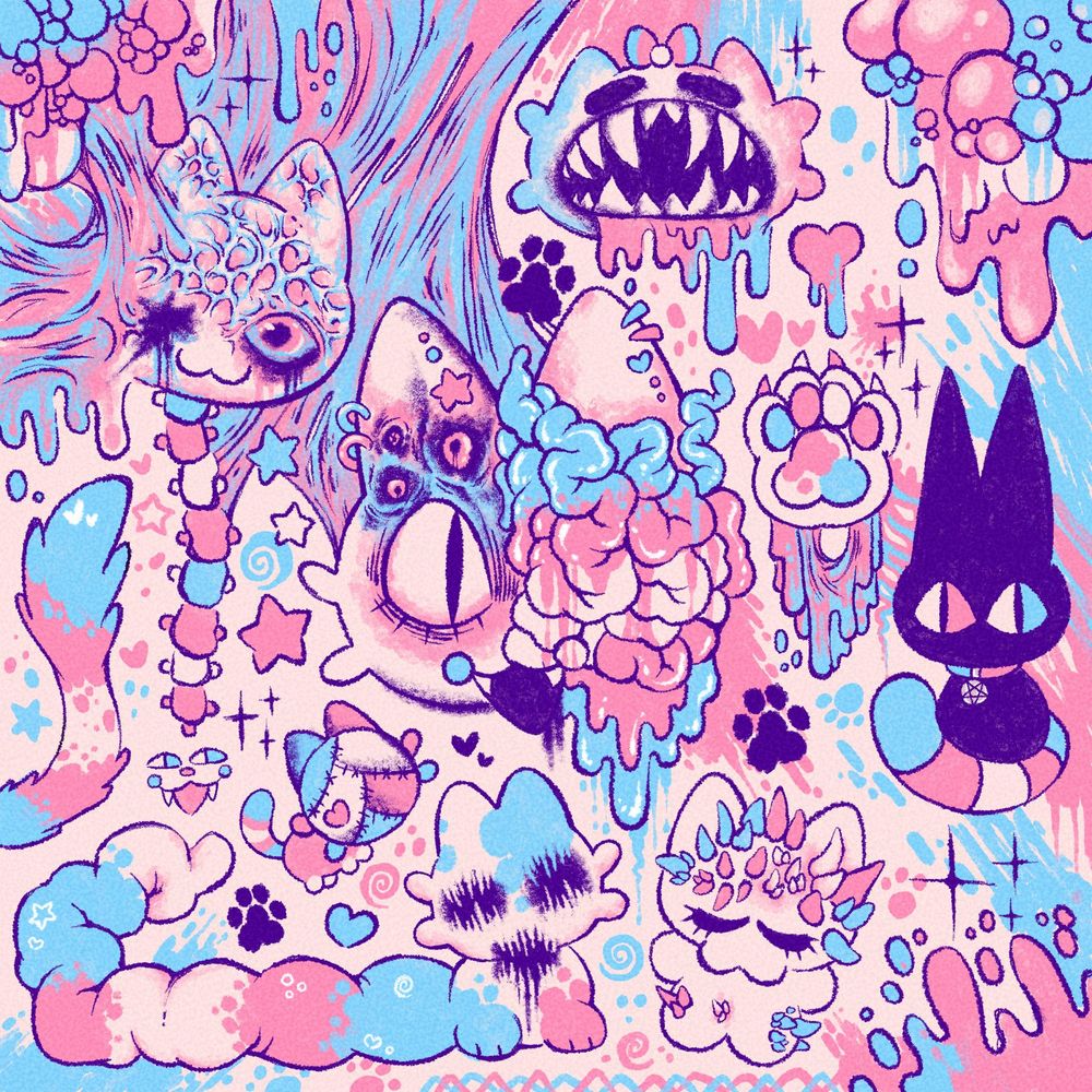 Digital art illustration of various cats with lots of body horror. The color palette is exclusively blue, pink, and white to represent the trans pride flag colors. 