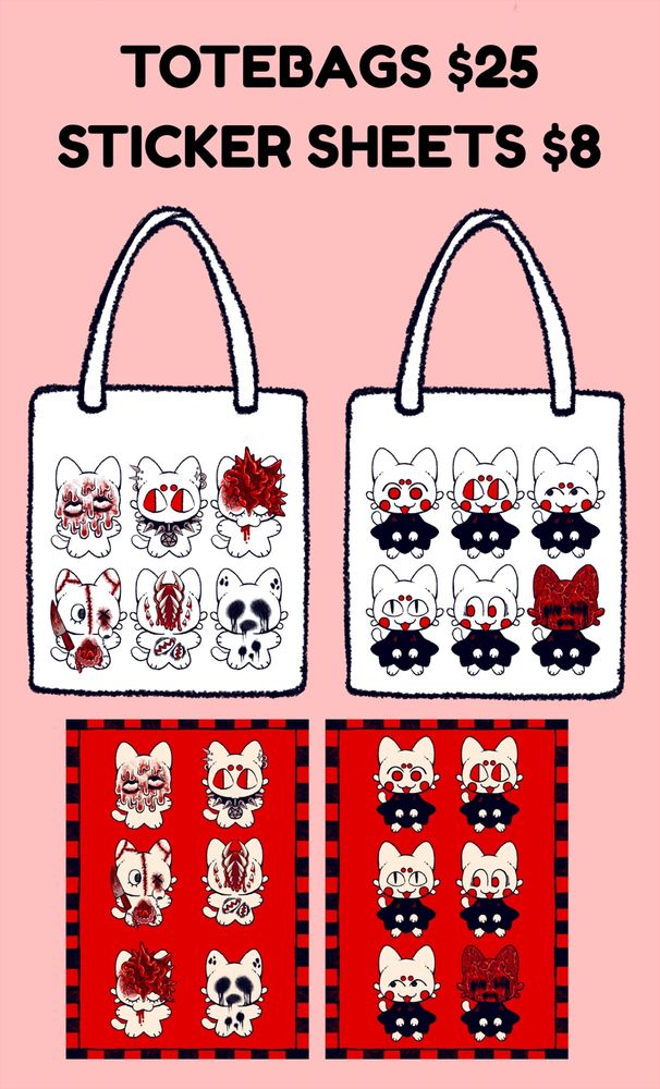 Several illustrations of creepy critters featuring body horror and alternative fashion. Text reads Totebags $25, Sticker Sheets $8