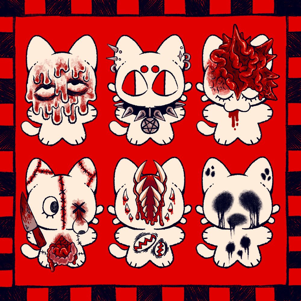 Digital art illustration of 6 white cats featuring different forms of gore and body horror. One has a melting face, one is wearing several piercings and a spiked choker, one has pulsating flesh emerging from their forehead, one is holding a knife and has stitches with their guts falling out, one has a face full of teeth, and one has empty void like eye sockets and holes in their body. 