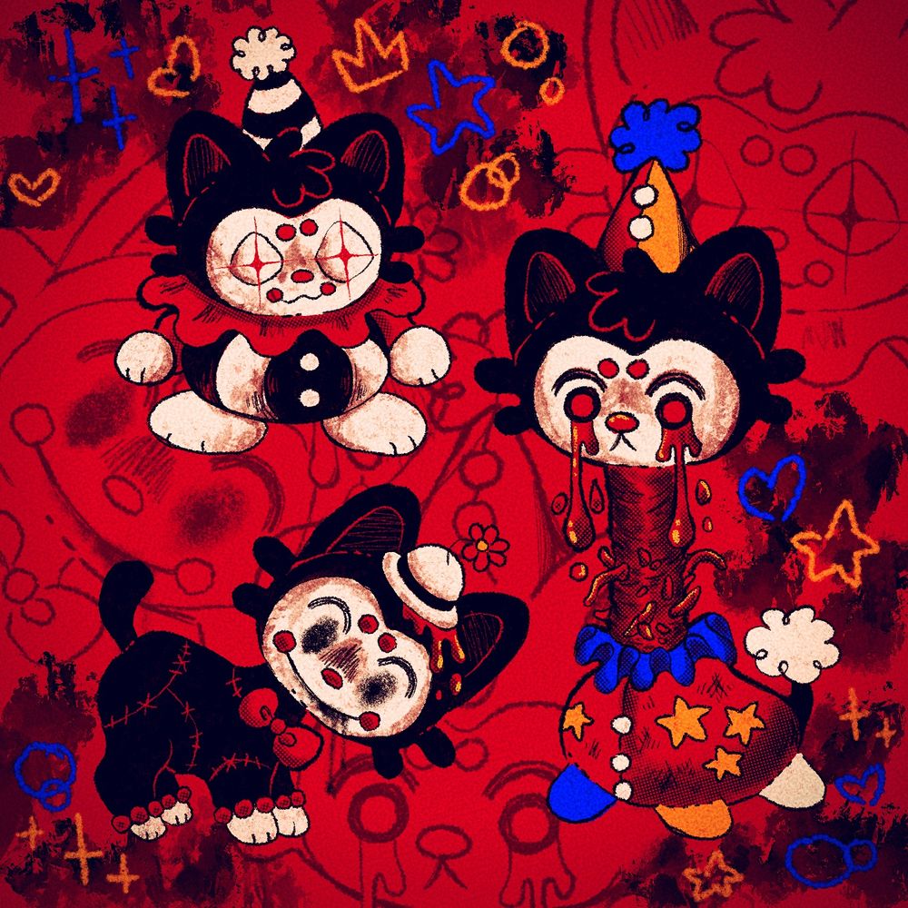 Digital art illustration of 3 black cats with white faces and white paws dressed as clowns. Body horror of bleeding eyes, elongated necks with worms and stitches are shown on the cats. The clown outfits consist of red, blue, yellow, white and black.