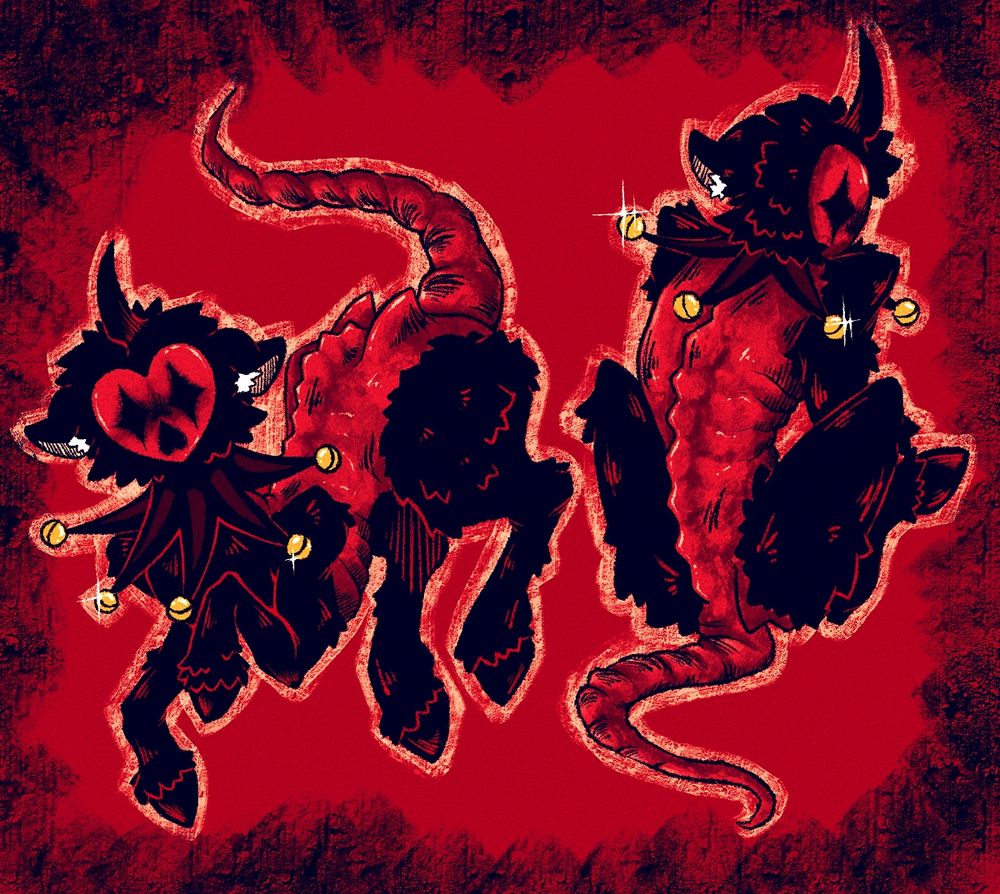 Digital art illustration of a four legged creature. They have large goat shaped ears and a horn in the middle of their head. Their fur is black, and their back, stomach and tail shows exposed bright fed flesh. They have hoof shaped feet and a jester shaped collar with gold bells. Their face is shaped like a red heart, they have diamond shaped black eye sockets and a mouth shaped like an upside down heart. One pose shows them prancing, and another shows them sitting with their back facing the viewer.