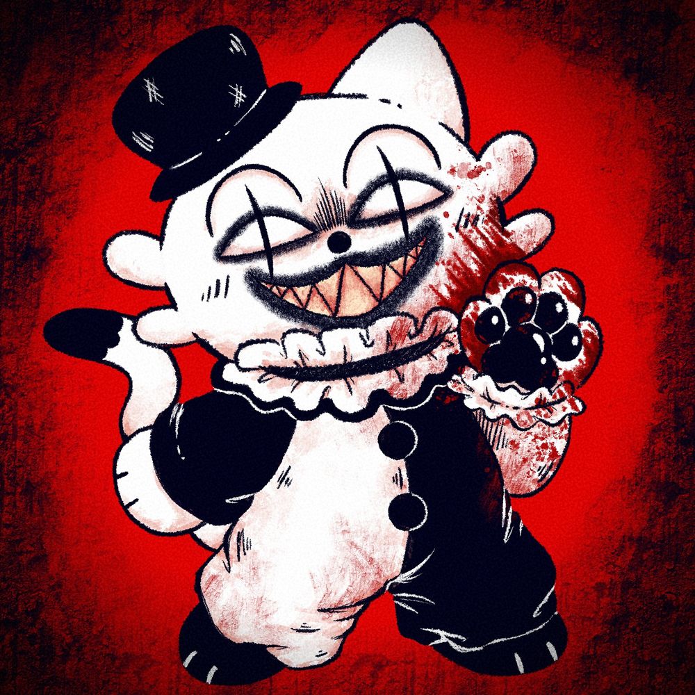 Digital art illustration of a cat that represents Art the Clown from the "Terrifier" horror movies. They are wearing a black and white clown suit with a black tophat and they have blood splatters on their paw. 