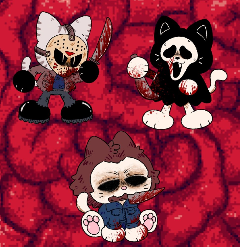 Digital art illustration of three cats that represent characters from horror slasher movies. They are Jason Voorhees, (Friday the 13th), Ghostface (Scream), and Michael Myers (Halloween). 