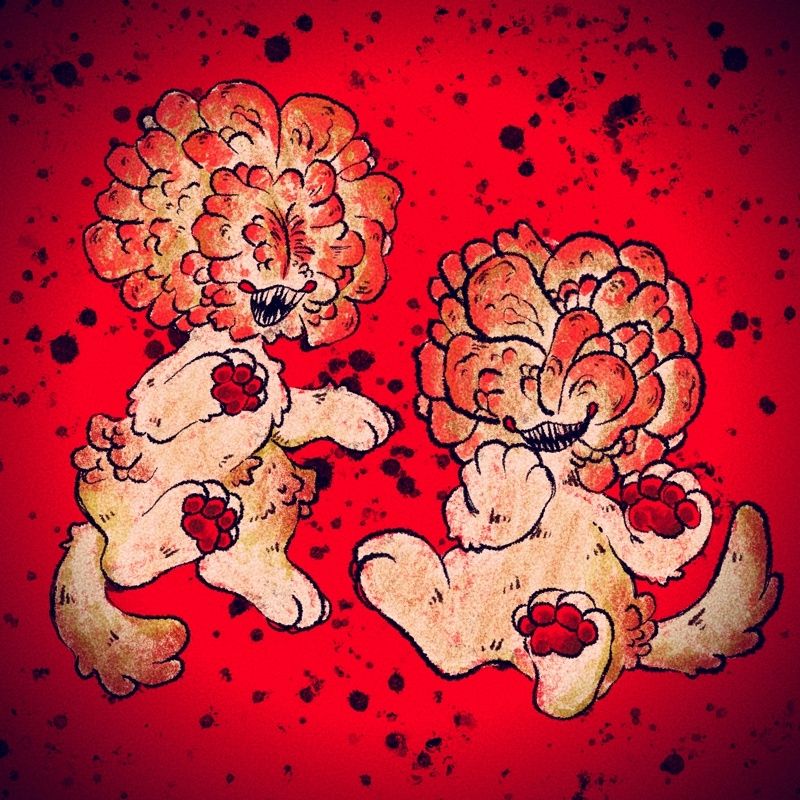 Digital art illustration of two cats floating. They are feline renditions of the enemies known as "Clickers" from the video game called The Last of Us. They have open smiling mouth with sharp teeth and are pale in color with hints of green and red. Their pawpads are a bright red. Their heads are shaped similar to the fungus known as Chicken of the Woods, with multiple slabs of flesh overlapped on top of each other. The background is a bright red with dark splotches. 