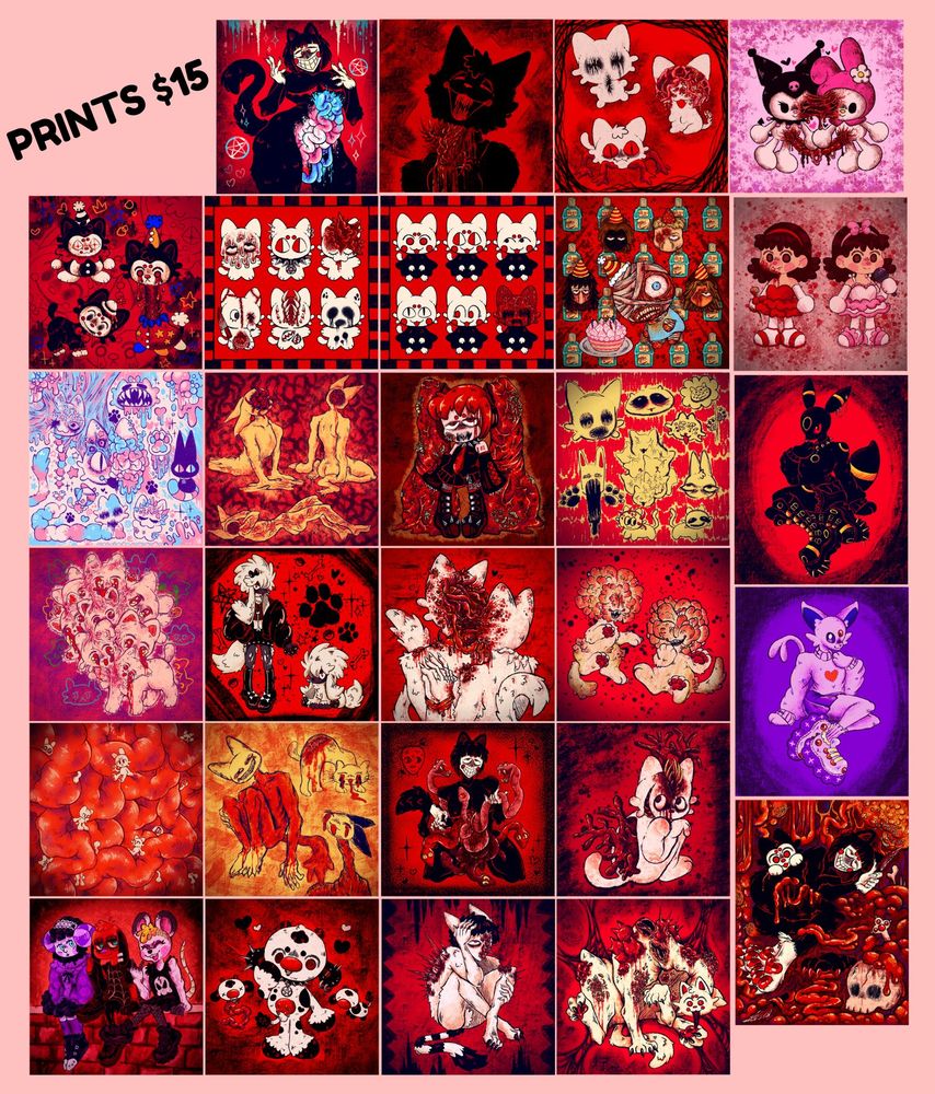 Several illustrations of creepy critters featuring body horror and alternative fashion. Text reads Prints $15. 