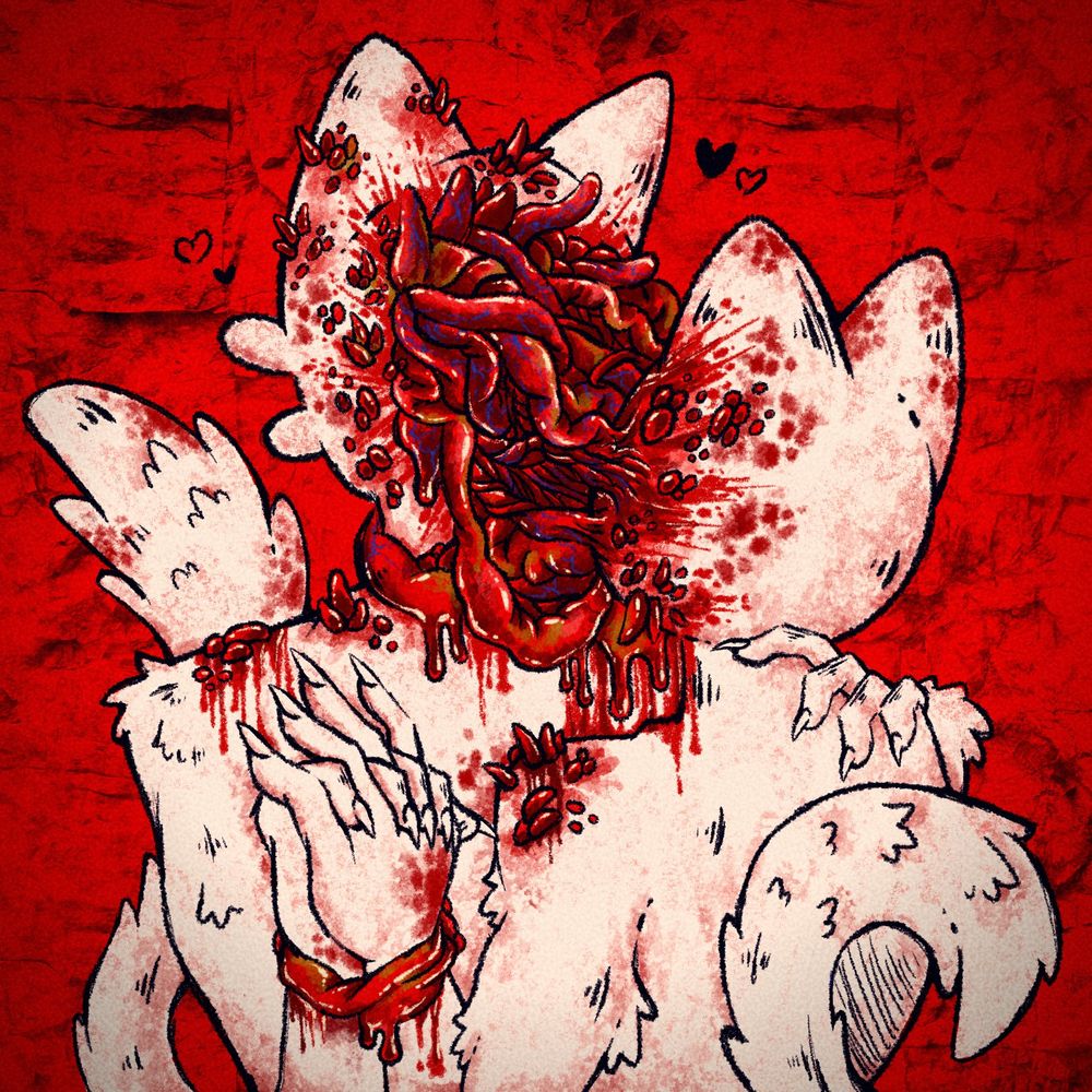 Digital art illustration of two cats kissing. There is a several bleeding blemishes and worms on their face and shoulders. Their faces are connected by several pieces of squishy, organ like, bleeding flesh. 