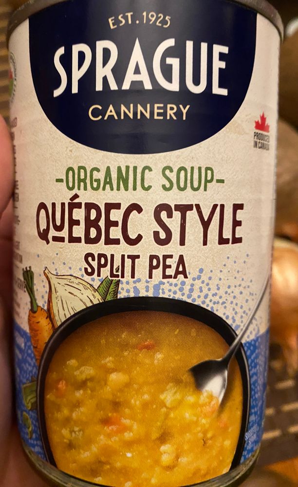 Picture is of a can of organic and gluten free Quebec Style Split Pea Soup from Sprague Cannery. Made in Belleville Ontario Canada

The soup image itself is what you would expect a yellow chunky soup to look like, as if you were praying to a porcelain god. 

The soup tasted delicious but it looks like it was regurgitated, if that sort of thing matters to you. 