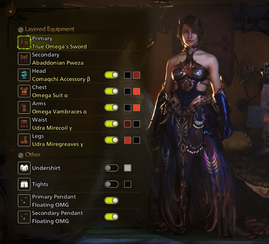 Screenshot from Monster Hunter Wilds. My hunter is wearing the same outfit as previously described, but now in the tent with the layered menu showing the breakdown of the exact armour pieces she's wearing. They are:
Comaqchi Accessory β (feminine, extremely dark violet/deep orange),
Omega Suit α (feminine, extremely dark blue/bright orange),
Omega Vambraces α (feminine, extremely dark blue/bright orange),
Udra Mirecoil γ (feminine, dark orange/extremely dark blue),
Udra Miregreaves γ (feminine, orange/extremely dark blue).
Both undershirt and tights are toggled off, and the weapons are layered as True Omega's Sword (Omega Sword and Shield) and Abaddonian Pweza (Nu Udra Charge Blade) with the Floating OMG pendant equipped to both.