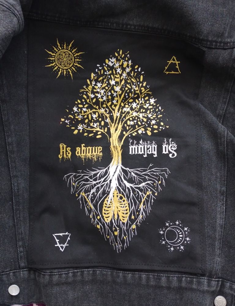 Back patch with gold and silver print of alchemical imagery and the text As above So Below