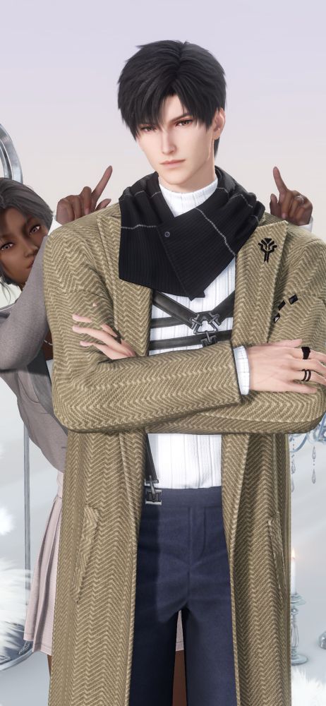 MC and Zayne posing where MC is pointing her fingers towards his face while Zayne is slightly smiling with his arms crossed. 