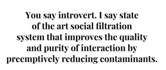 You say introvert. I say state of the art social filtration system that improves the quality and purity of interaction by preemptively reducing contaminants.