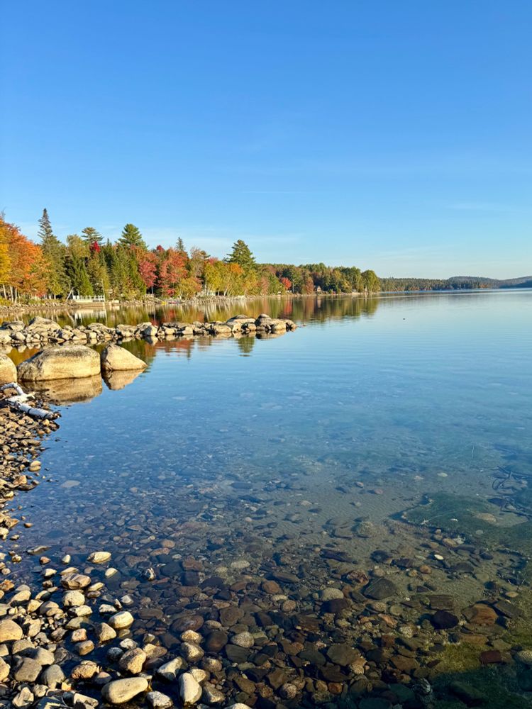 Still, clear lake shore with autumn foliage.