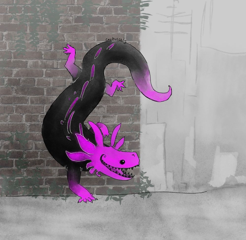 A doodle of a pink lizard from Rainworld set in a simple scene meant to look like Industrial Complex (an area in-game). It has a black body and neon pink limbs/face and accents. It also has a toothy grin and is crawling down a wall.