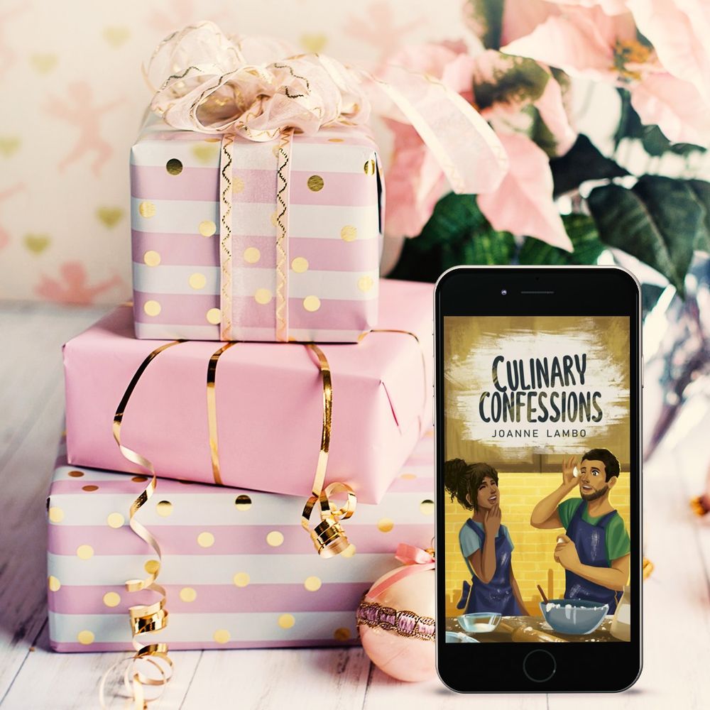 Culinary Confessions book cover on iPhone surrounded by white and pink colored Valentine's Day presents, with two of them wrapped in gold ribbon.